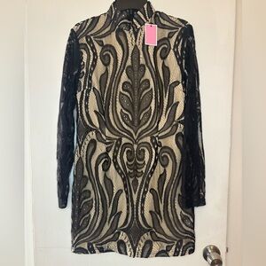 NWT Pretty Little Thing Ladies Black lace and Nude Dress size 12